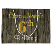 フェイクWood Look、フェイク金ゴールド6番目の誕生日+名前 ラージペーパーバッグ (裏面)