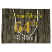 フェイクWood Look、フェイク金ゴールド64番目の誕生日+名前 ラージペーパーバッグ (裏面)