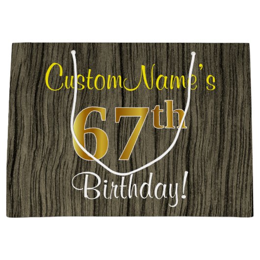 フェイクWood Look、フェイク金ゴールド67番目の誕生日+名前 ラージペーパーバッグ (正面)