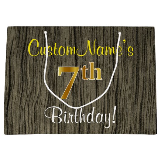 フェイクWood Look、フェイク金ゴールド7番目の誕生日+名前 ラージペーパーバッグ (正面)
