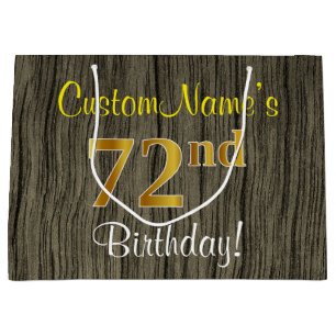 フェイクWood Look、フェイク金ゴールド72番目の誕生日+名前 ラージペーパーバッグ
