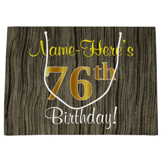 フェイクWood Look、フェイク金ゴールド76番目の誕生日+名前 ラージペーパーバッグ (正面)