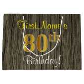 フェイクWood Look、フェイク金ゴールド80番目の誕生日+名前 ラージペーパーバッグ (正面)