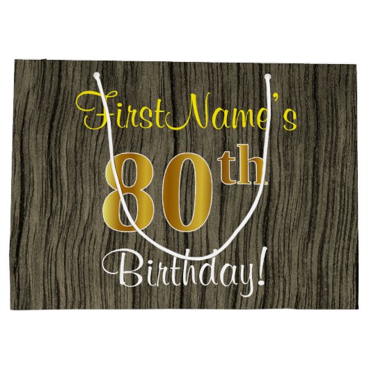 フェイクWood Look、フェイク金ゴールド80番目の誕生日+名前 ラージペーパーバッグ (裏面)