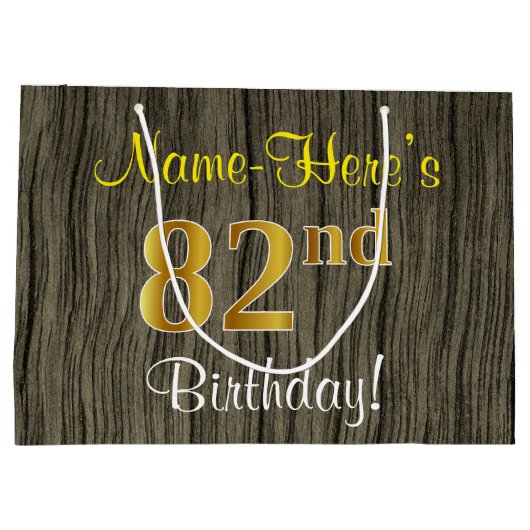 フェイクWood Look、フェイク金ゴールド82番目の誕生日+名前 ラージペーパーバッグ (裏面)