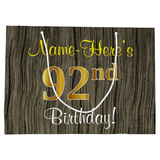 フェイクWood Look、フェイク金ゴールド92番目の誕生日+名前 ラージペーパーバッグ (裏面)