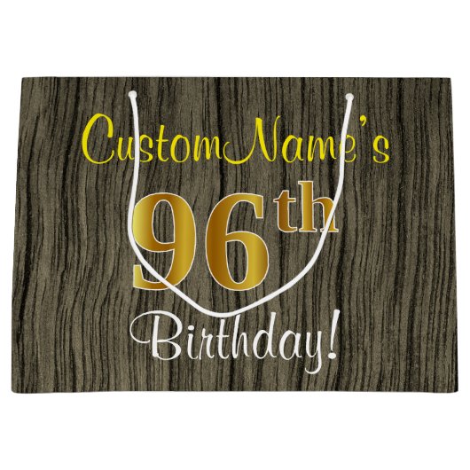 フェイクWood Look、フェイク金ゴールド96番目の誕生日+名前 ラージペーパーバッグ (正面)