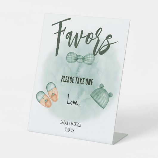 フェイスグリーン&オレンジの水色ベビーシャワー 台座サイン (正面)