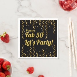 フェイブブラック&金ゴールドリボン50thバースデーパーティー スタンダードカクテルナプキン
