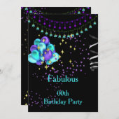 フェイブルーズパープルティール(緑がかった色)ブルーバースデーパーティー 招待状 (正面/裏面)