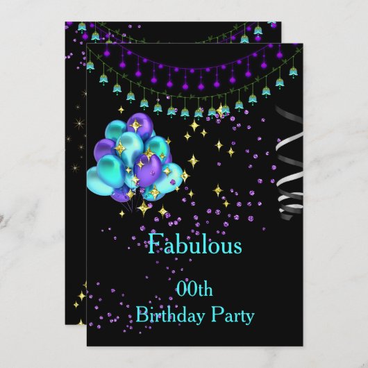 フェイブルーズパープルティール（緑がかった色）ブルーバースデーパーティー 招待状 (正面/裏面)