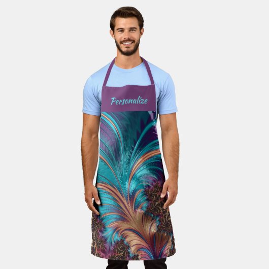 フェザエレガントーズパープルティール(緑がかった色)抽象芸術 エプロン (着用した状態)