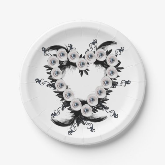 フェザーとブラックパールのハート形状 ペーパープレート (正面)