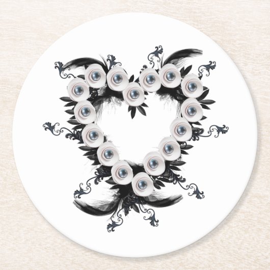 フェザーとブラックパールのハート形状 ラウンドペーパーコースター (正面)