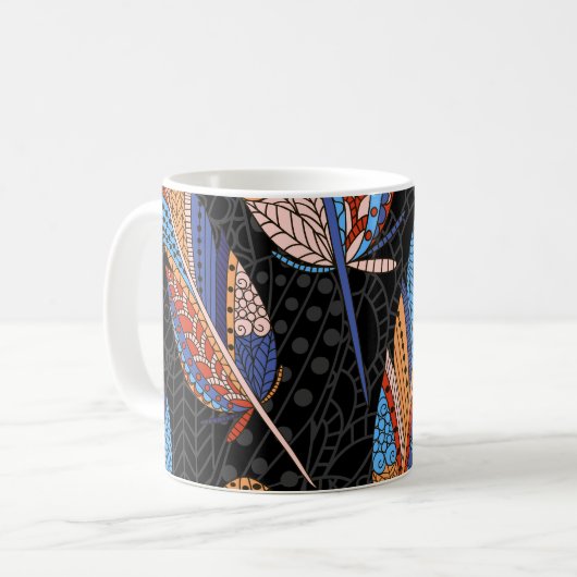 フェザーカラフルパターンのシームレスな背景 コーヒーマグカップ (正面左)