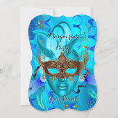 フェザーティール(緑がかった色)金ゴールドマスクされたマスカレードパーティー 招待状 (正面)