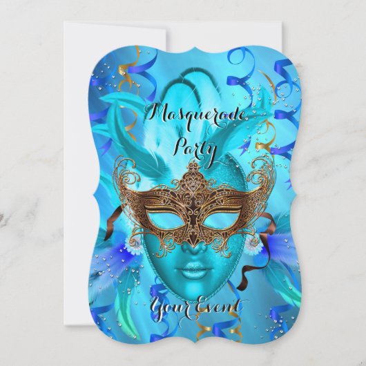 フェザーティール(緑がかった色)金ゴールドマスクされたマスカレードパーティー 招待状 (正面)