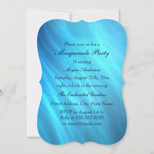 フェザーティール(緑がかった色)金ゴールドマスクされたマスカレードパーティー 招待状 (裏面)