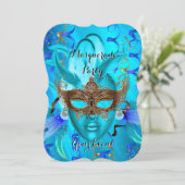 フェザーティール(緑がかった色)金ゴールドマスクされたマスカレードパーティー 招待状 (スタンド正面)