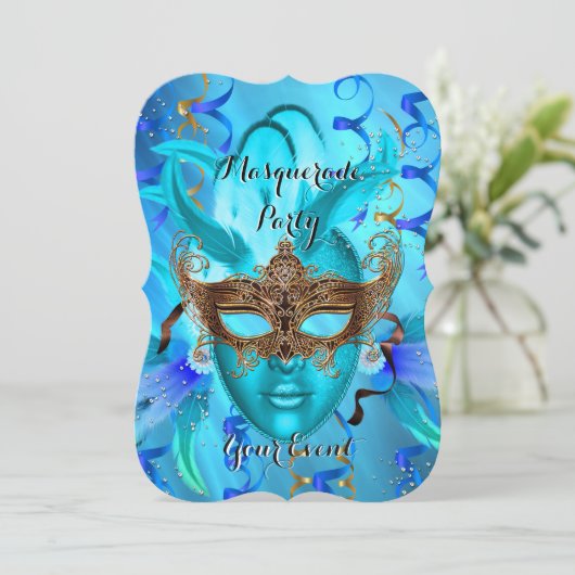 フェザーティール(緑がかった色)金ゴールドマスクされたマスカレードパーティー 招待状 (スタンド正面)