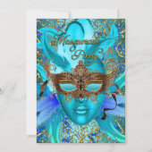 フェザーティール（緑がかった色）金ゴールドマスクマスカレードパーティー招待状 招待状 (正面)