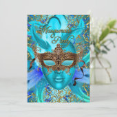 フェザーティール（緑がかった色）金ゴールドマスクマスカレードパーティー招待状 招待状 (スタンド正面)