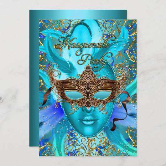 フェザーティール（緑がかった色）金ゴールドマスクマスカレードパーティー招待状 招待状 (正面/裏面)