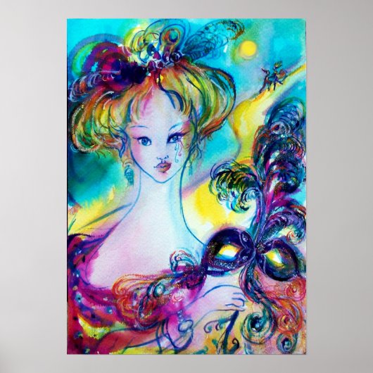 フェザードマスクヴェネツィアの仮装の夜を持つ女性 ポスター (正面)