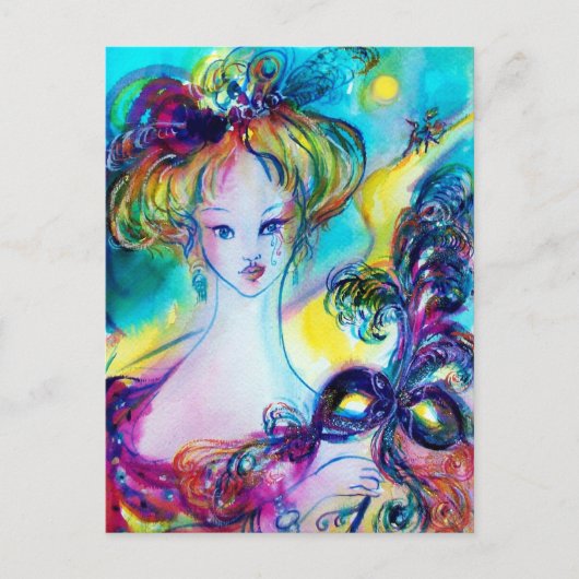 フェザードマスクヴェネツィアの仮装の夜を持つ女性 ポストカード (正面)