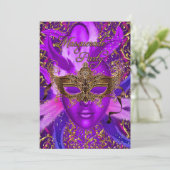 フェザーパープル&金ゴールドマスクマスカレードパーティー招待状 招待状 (スタンド正面)