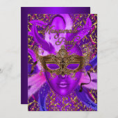フェザーパープル&金ゴールドマスクマスカレードパーティー招待状 招待状 (正面/裏面)