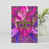 フェザーピンク&金ゴールドマスクマスカレードパーティー招待状 招待状 (スタンド正面)