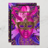 フェザーピンク&金ゴールドマスクマスカレードパーティー招待状 招待状 (正面/裏面)