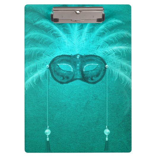 フェザーマスカレードマスクエレガントヴィンテージティール(緑がかった色) クリップボード (正面)