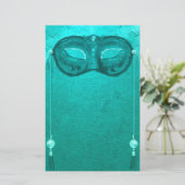 フェザーマスカレードマスクエレガントヴィンテージティール（緑がかった色） 便箋 (スタンド正面)