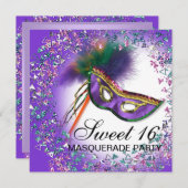 フェザーマスクパープルスウィート16マスカレードパーティー 招待状 (正面/裏面)
