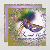 フェザーマスクパープルスウィート16マスカレードパーティー 招待状 (正面/裏面)