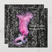 フェザーマスクピンクブラックスウィート16マスカレードパーティー 招待状 (正面/裏面)