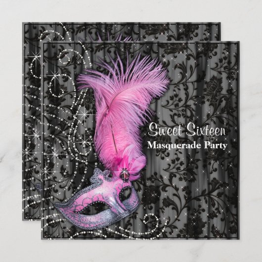 フェザーマスクピンクブラックスウィート16マスカレードパーティー 招待状 (正面/裏面)