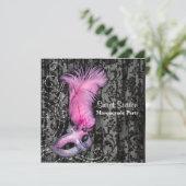 フェザーマスクピンクブラックスウィート16マスカレードパーティー 招待状 (スタンド正面)