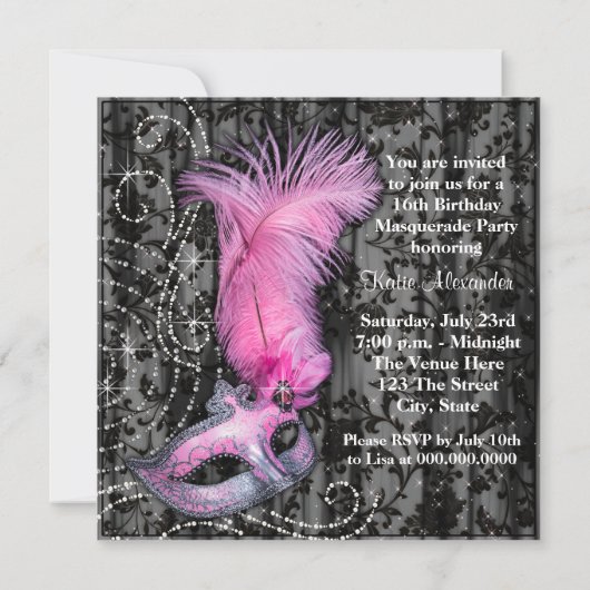 フェザーマスクピンクブラックスウィート16マスカレードパーティー 招待状 (裏面)