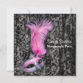 フェザーマスクピンクブラックスウィート16マスカレードパーティー 招待状 (正面)