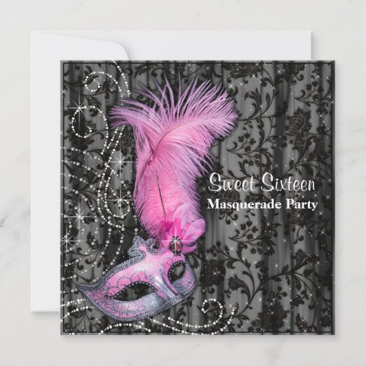 フェザーマスクピンクブラックスウィート16マスカレードパーティー 招待状 (正面)