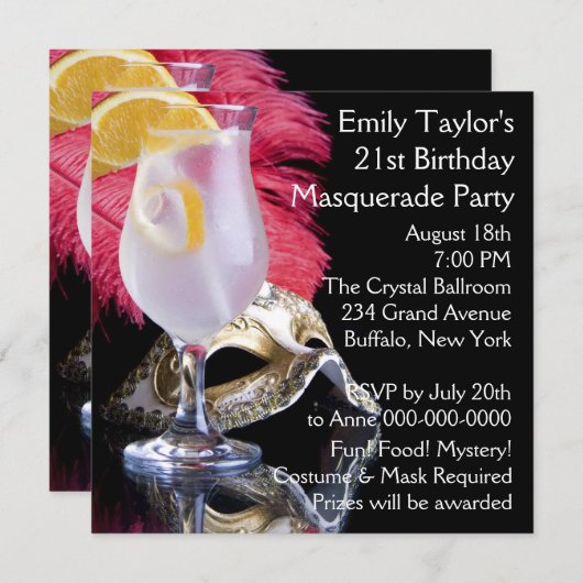 フェザーマスク21歳の誕生日パーティー 招待状 (正面/裏面)