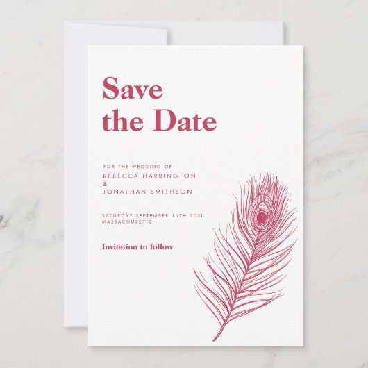 フェザーミニマルマゼンタウェディング日付の保存 招待状 (正面)