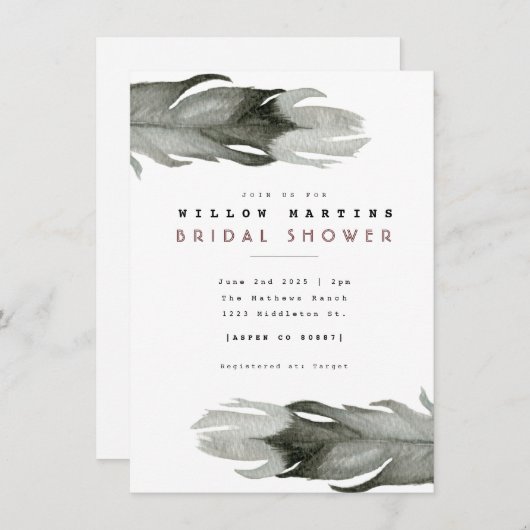 フェザーモダンウォーターのカラーブライダルシャワー 招待状 (正面/裏面)