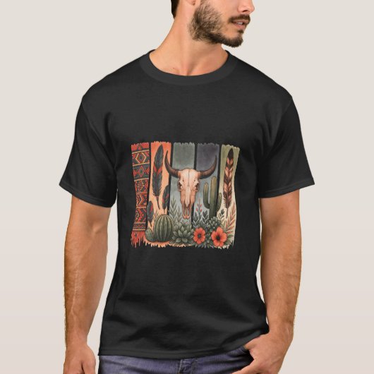 フェザー付き牛の頭蓋骨 ネイティブアメリカン Tシャツ (正面)
