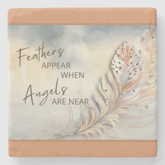 フェザー感動的&エンジェル引用文ウォーター色 ストーンコースター (正面)