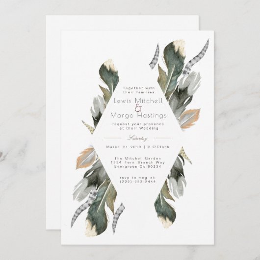 フェザー水色ダイヤモンドオーバーレイ | 結婚s 招待状 (正面/裏面)