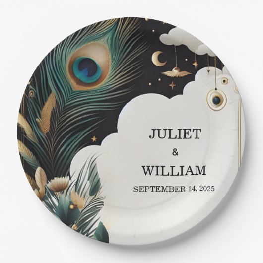 フェザー素朴アジアの空の雲の孔雀結婚の ペーパープレート (正面)